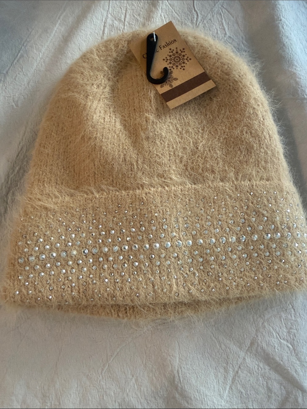 Beige Knit Beanie with Rhinestone Accent - Women Accessories